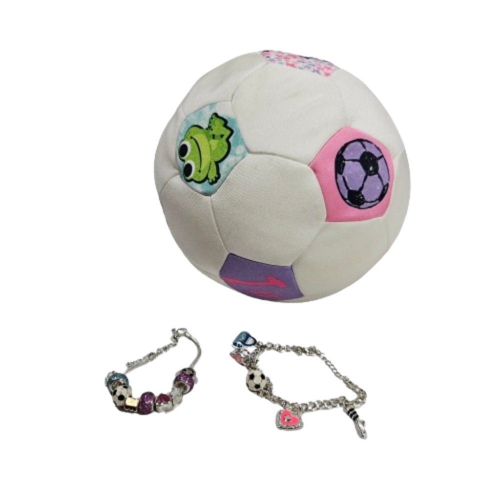 Justice Bean Bag Soccer Ball and 2 Soccer Themed Charm Bracelets Girls